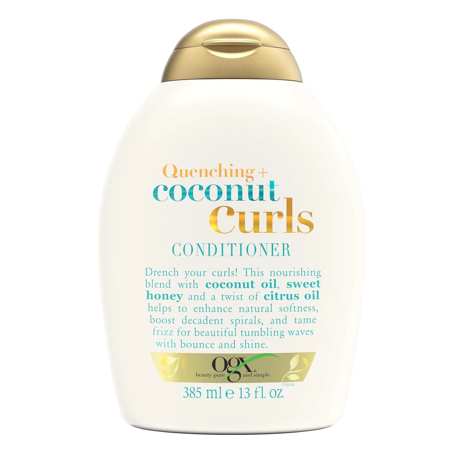 OGX Quenching + Coconut Curls conditioner bottle on a white background