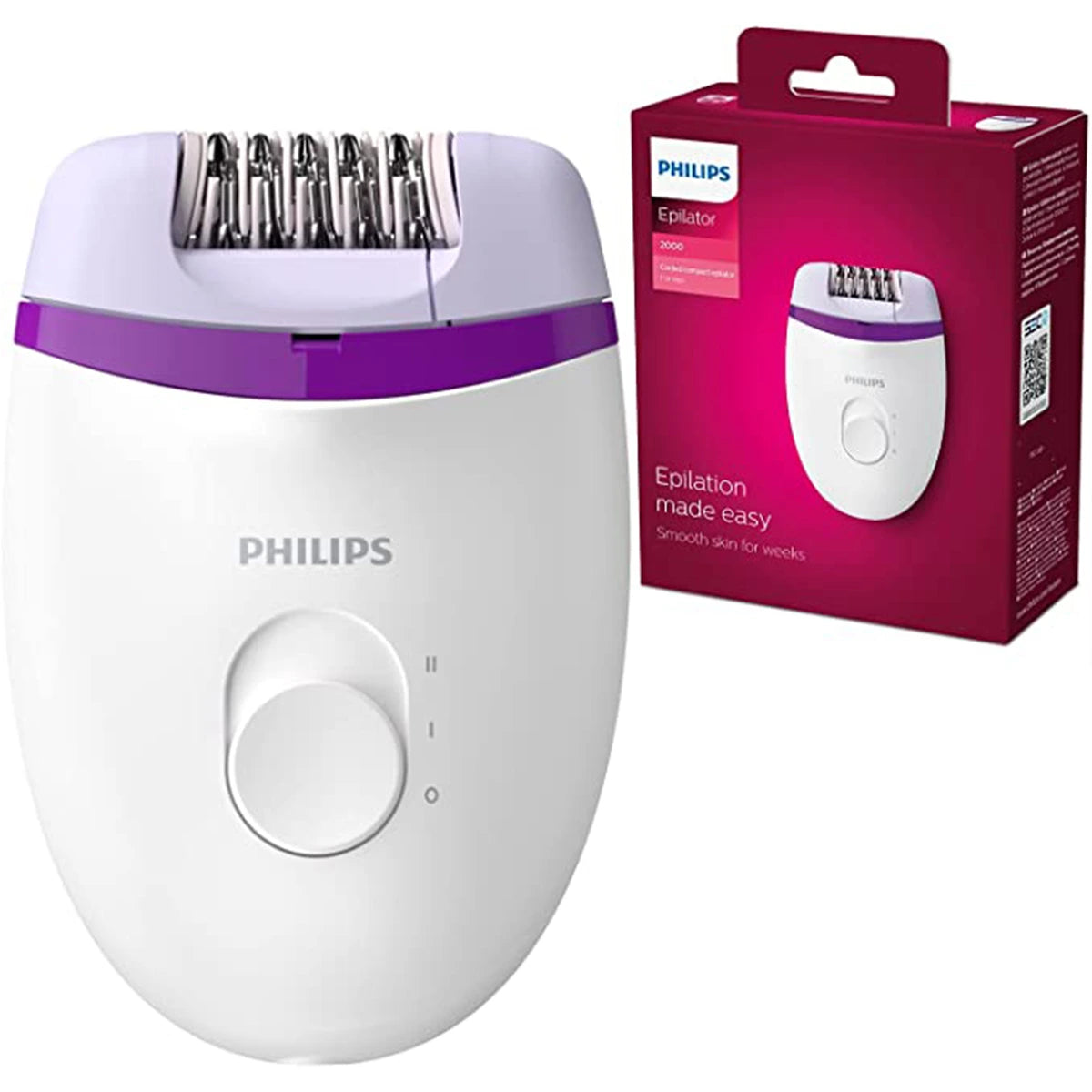 Philips epilator with packaging on a white background