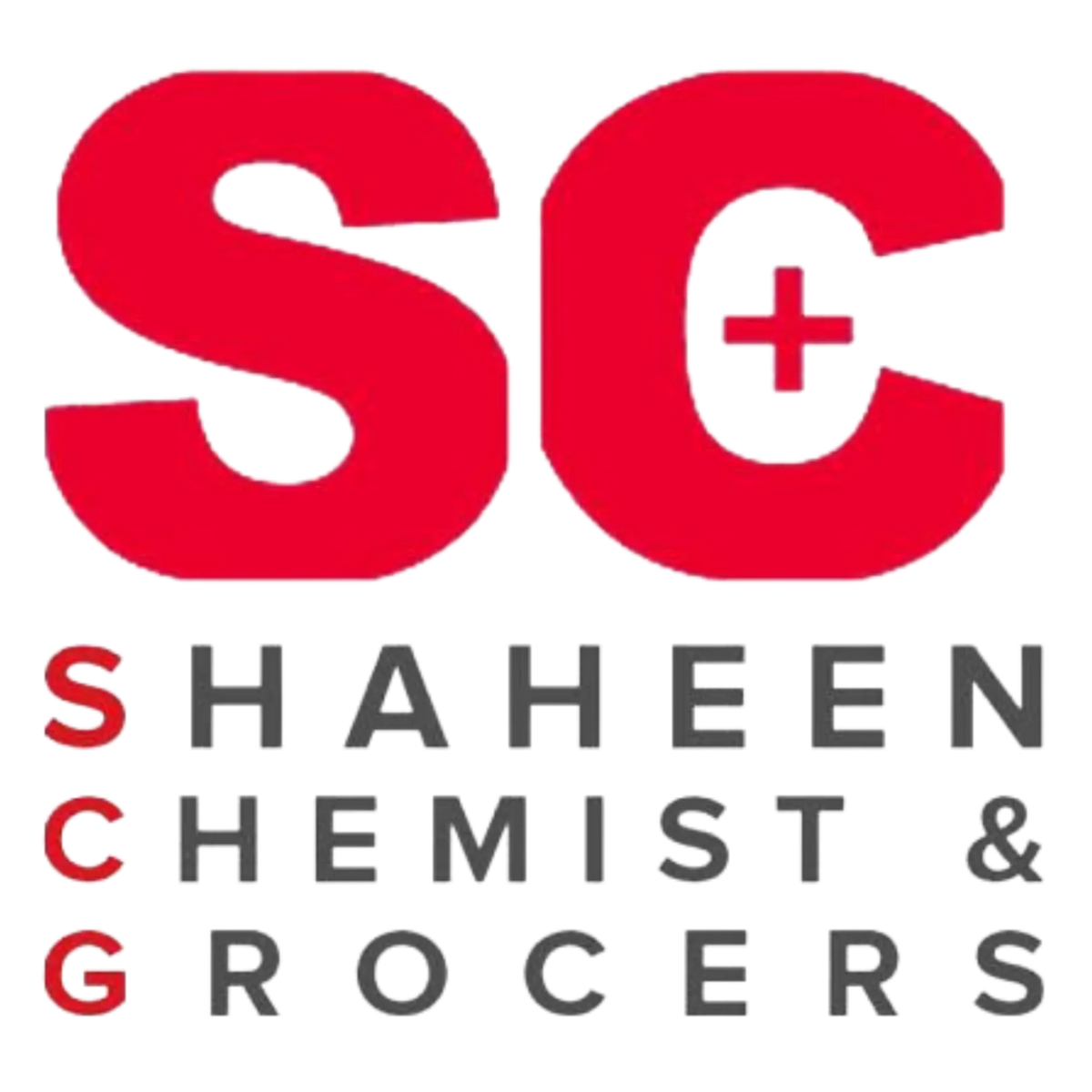 Logo of Shaheen Chemist & Grocers with red and black text on a white background